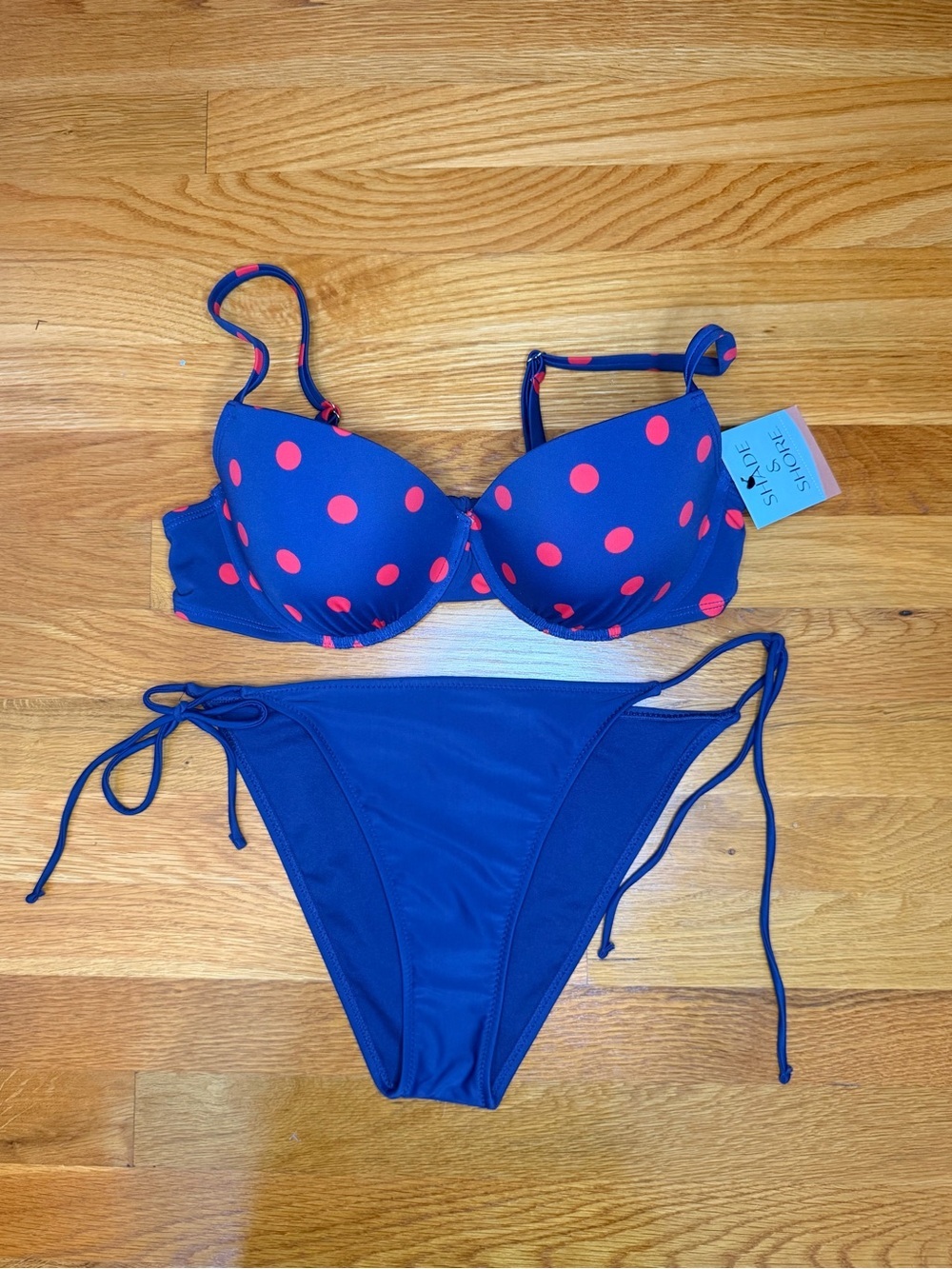 NWT Shade & Shore Polka Dot Bikini Set 36C Medium Blue Pink Tie Side Swim